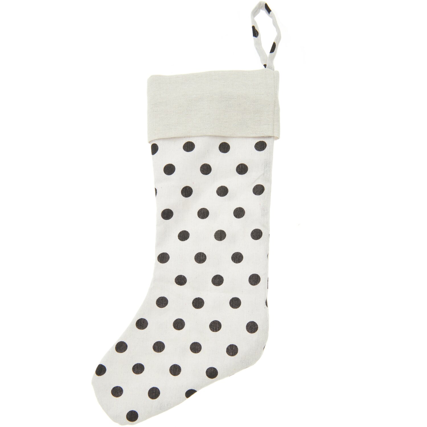 Weihnachtssocke gepunktet Weiß-Schwarz, 45x22cm, von Rico Design. Weiße Socke mit schwarzen Punkten.