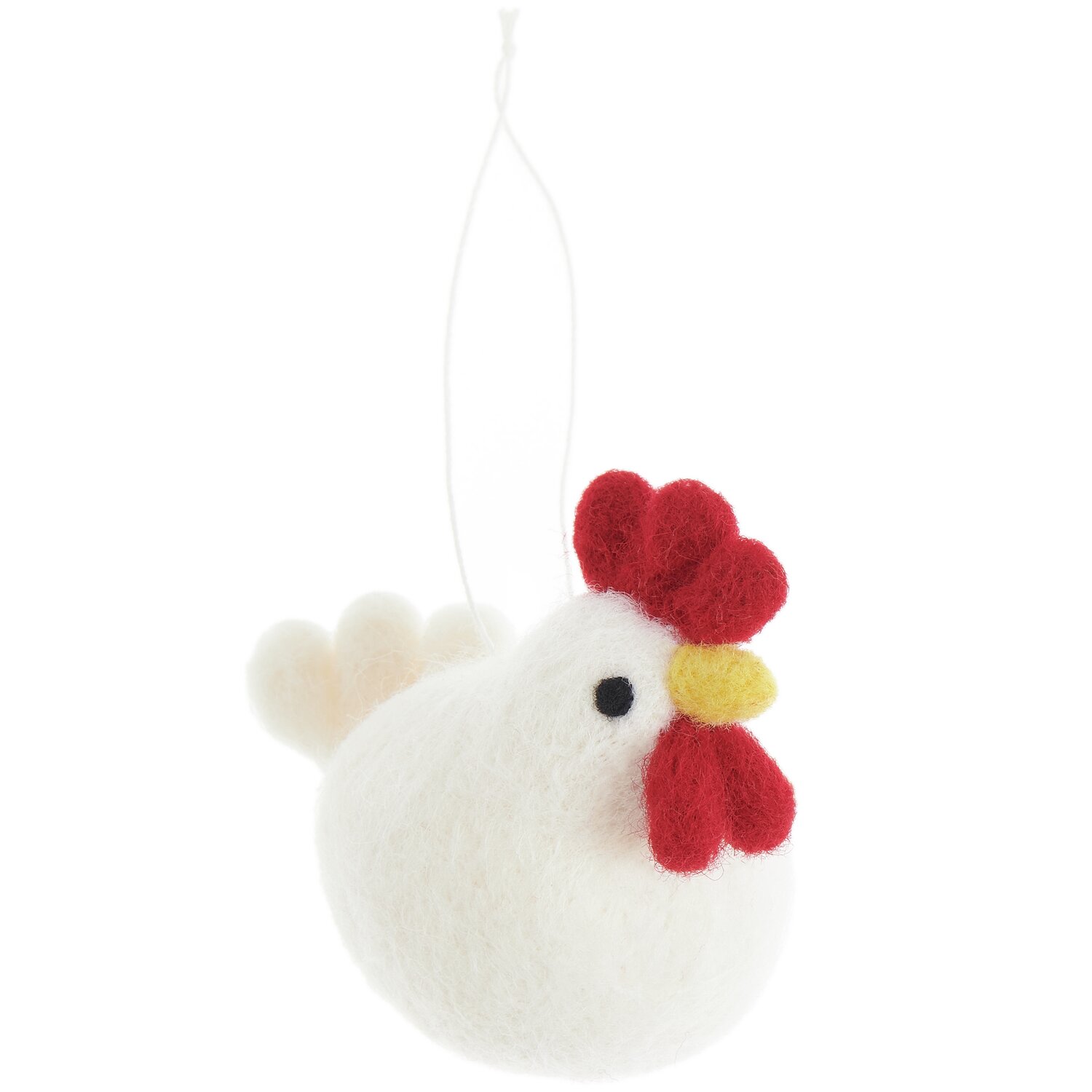 Aufhänger Filz-Huhn Weiß: Niedliches Huhn aus Filz mit rotem Kamm und gelbem Schnabel, 8x5x9cm.