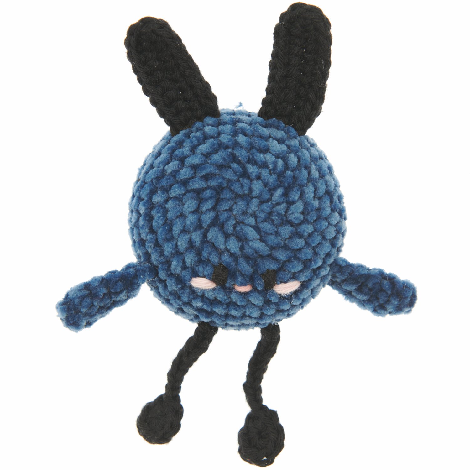 Ricorumi Rainbow Weirdos, ein blaues, gehäkeltes Stofftier mit schwarzen Ohren und Beinen.
