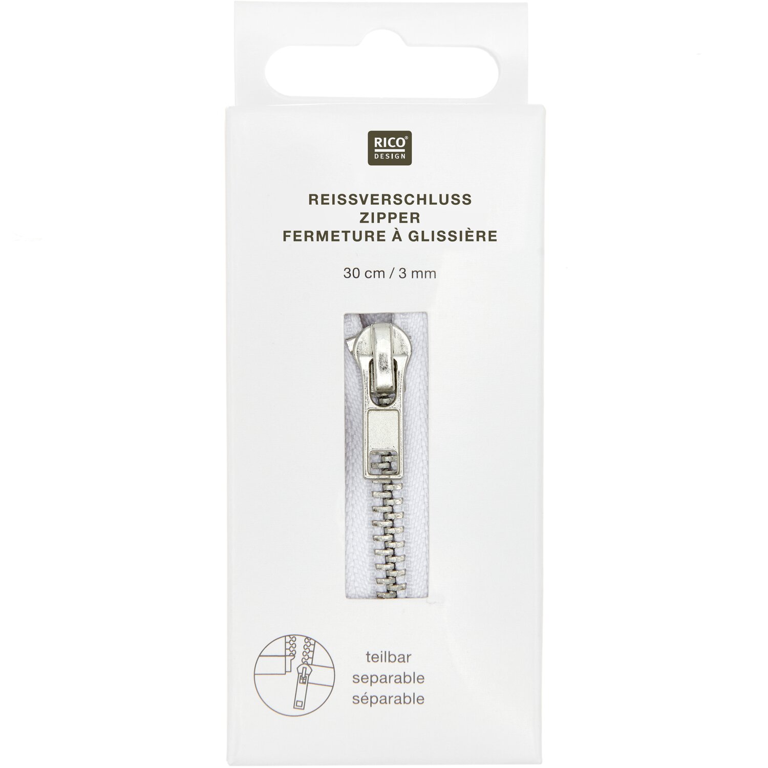 Metall Reißverschluss 3mm Silber/Offwhite Länge 30cm von Rico Design