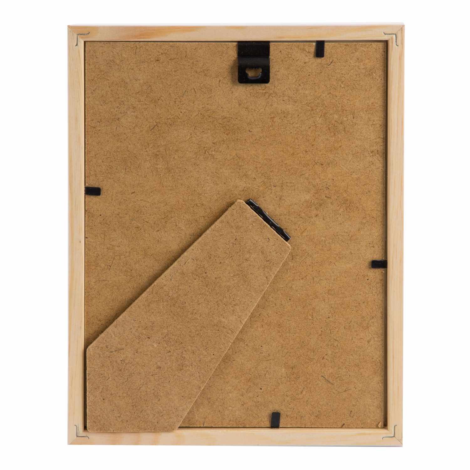 Bilderrahmen aus Holz von goldbuch in Weiß, zeigt die Rückseite mit Aufsteller und Haken zur Wandmontage. Ideal für Fotos und Kunstwerke.