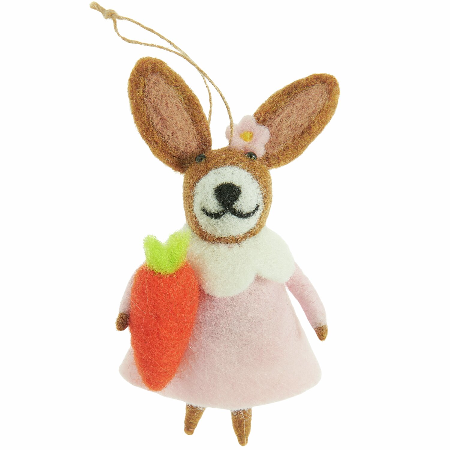 Aufhänger Filz-Hase mit Möhre und rosa Kleid, 14x7x4cm. Niedliches Design von Rico Design für frühlingshafte Dekorationen.