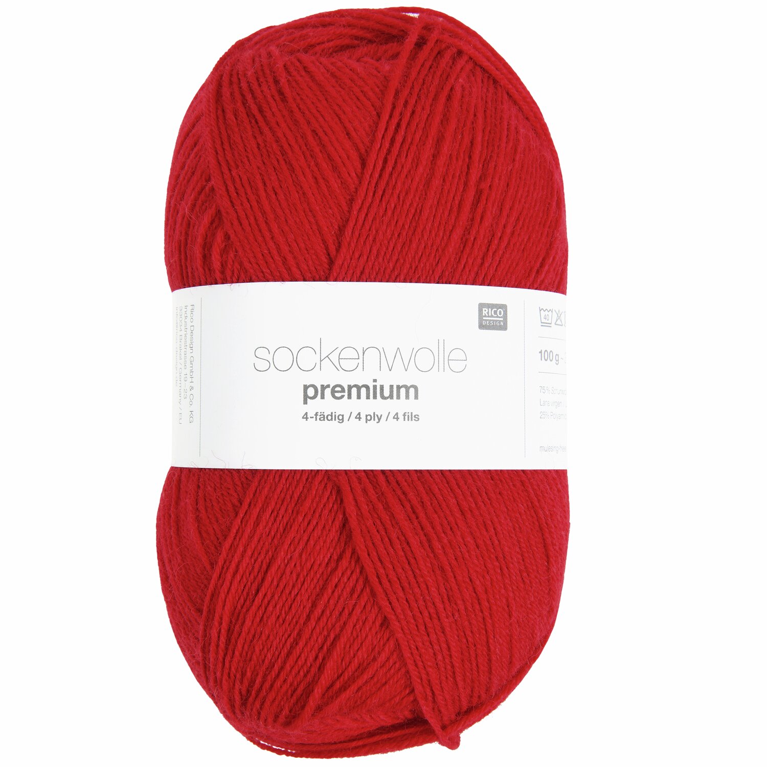 Sockenwolle Premium 4-fädig in leuchtendem Rot, 100g 380m, von Rico Design, ideal für Strickprojekte.