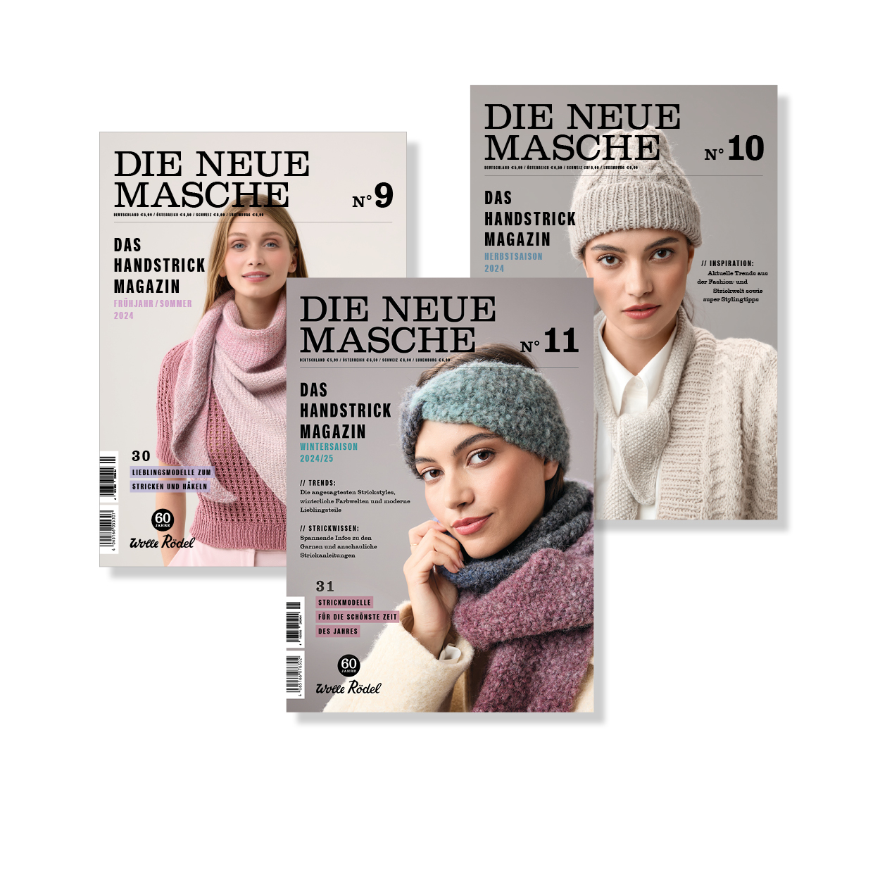Die Neue Masche Nr. 9, 10 und 11 leicht übereinander platziert. Flatlay von Produkten.