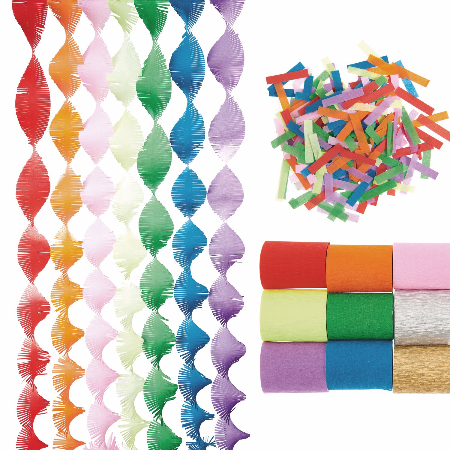 Buntes Deko-Set Klassik von Rico Design. Enthält farbenfrohe Papiergirlanden und Konfetti in Rot, Orange, Gelb, Grün, Blau und Lila. Ideal für kreative Dekorationen.