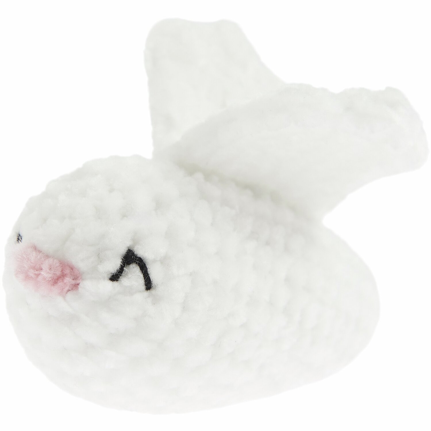 Ricorumi Häkelset Schlüsselanhänger Chingu Earth: Weißer, gehäkelter Vogel von Rico Design mit rosa Schnabel und schwarzen Augen.