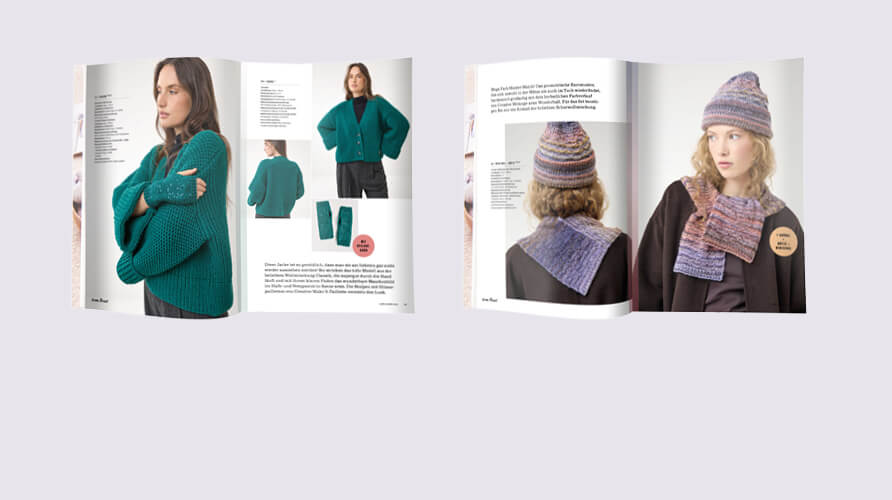 Mehrere Magazin- und Modelldarstellungen mit Frauen in grüner Strickmode sowie gestrickten Mützen und Accessoires