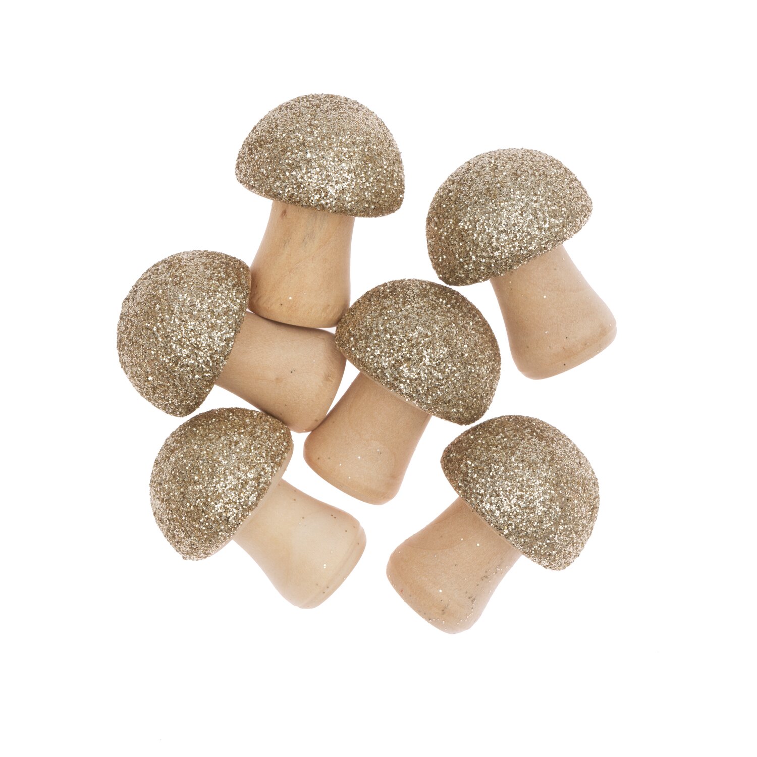 3D-Holzstreu Pilz mit Glitter natur-gold, 6 Stück. Dekorative Holzpilze mit glitzernden Kappen, ideal für kreative Bastelprojekte.