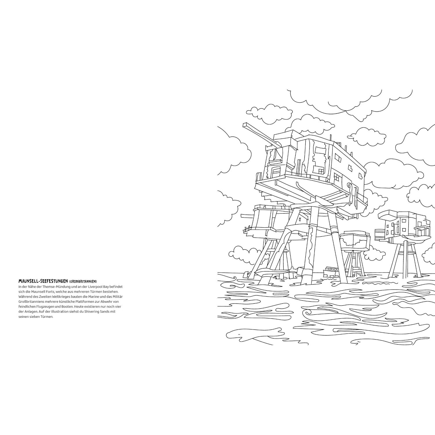 Colorful Lost Places – Verwunschene Orte zeigt eine schwarz-weiße Zeichnung von verlassenen Plattformen im Meer.