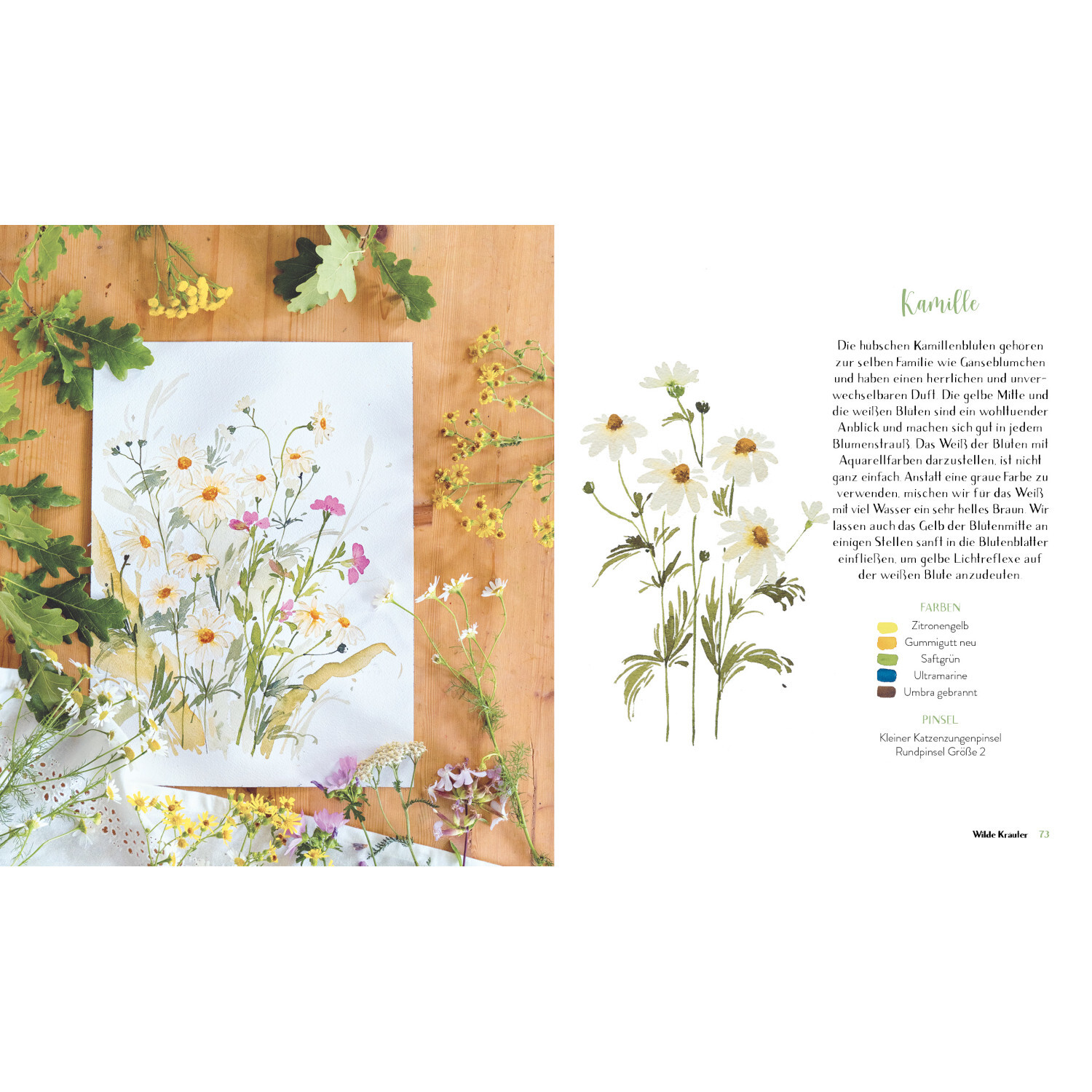 Wildflower Watercolor - Blumen Aquarelle malen von Edition Michael Fischer Wildflower Watercolor - Blumen Aquarelle malen: Aquarellbild von Blumen auf Holzuntergrund, umgeben von echten Blüten und Blättern.