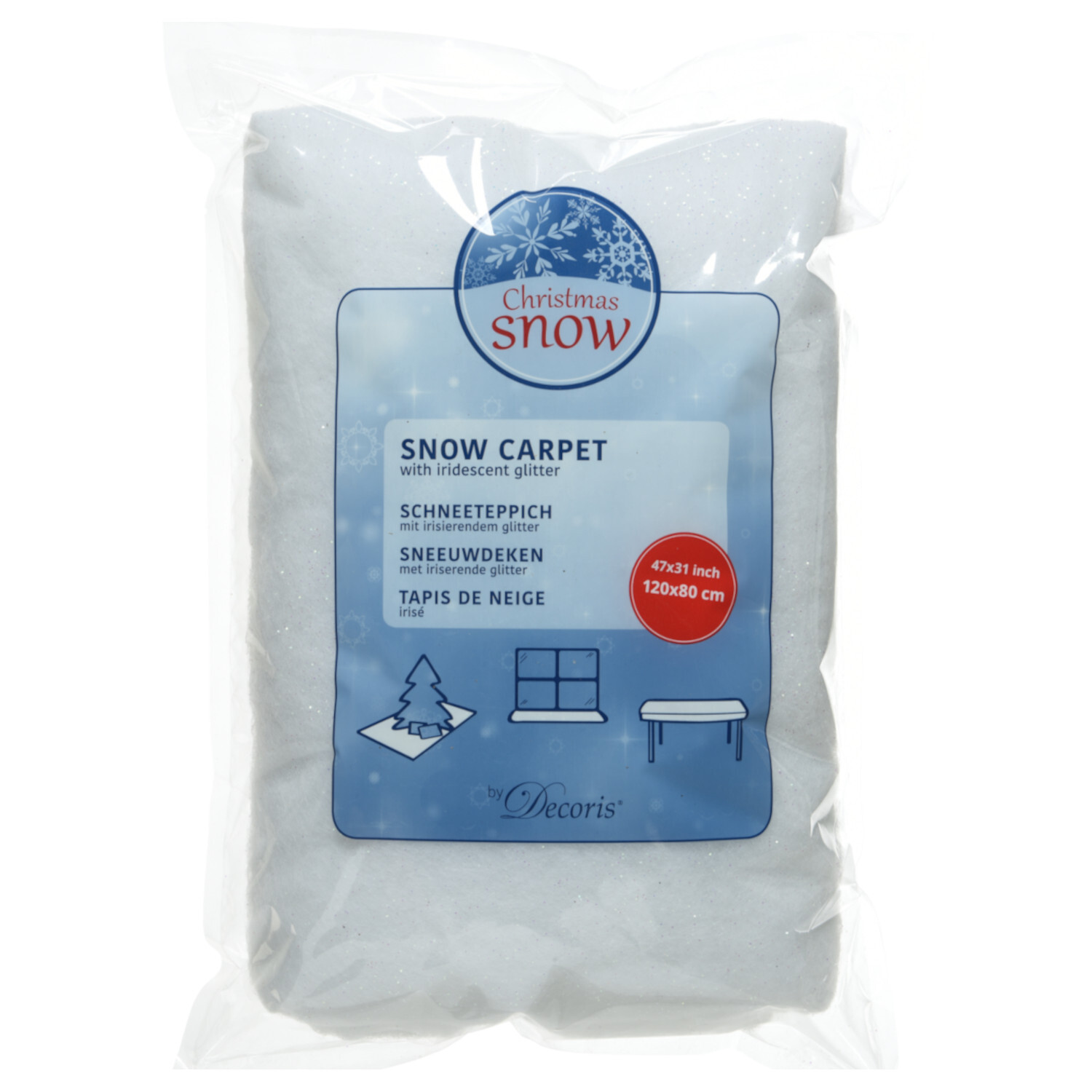 Schneeteppich Polyester Weiß-Irisierend, 120x80x1cm, in Verpackung mit blauem Etikett.