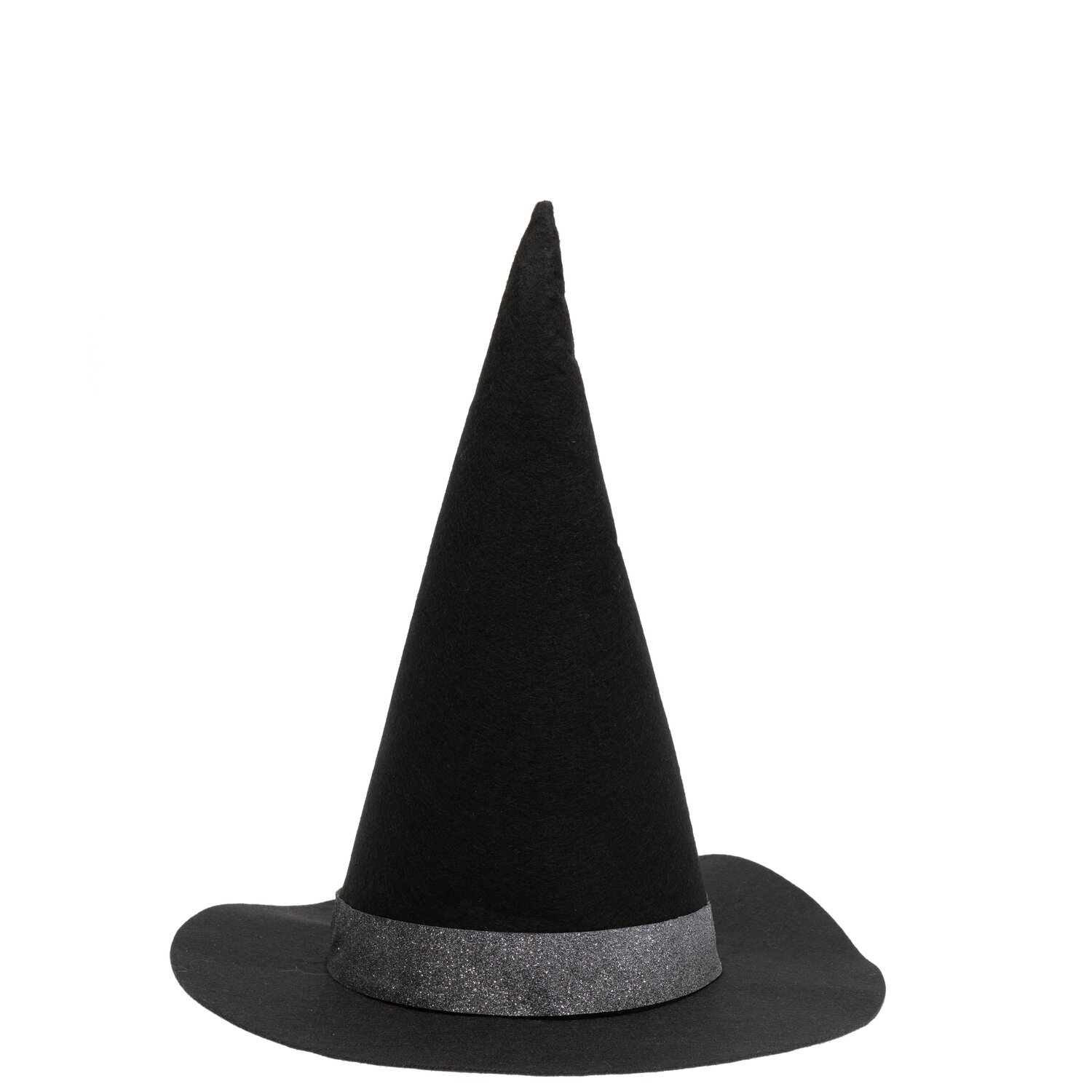 Filzhut schwarz: Eleganter, spitzer Hut aus Filz mit grauem Band, ideal für Kostüme und Anlässe.