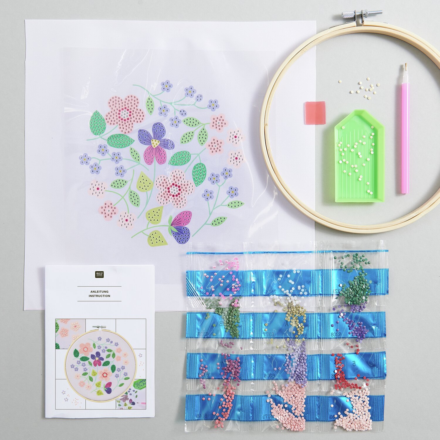 Diamond Painting DIY-Set Schimmernde Blumen, 19-teilig, mit bunten Perlen und Werkzeugen. Ideal für kreative Bastelprojekte. Ø20cm.