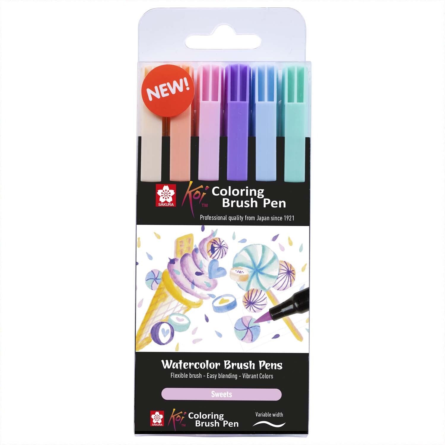 Mehrfarbige Koi Coloring Brush Pens Sweets, 6-teilig. Die Vorderansicht zeigt flexible Pinselstifte in Pastelltönen, ideal für einfaches Mischen und lebendige Farben.