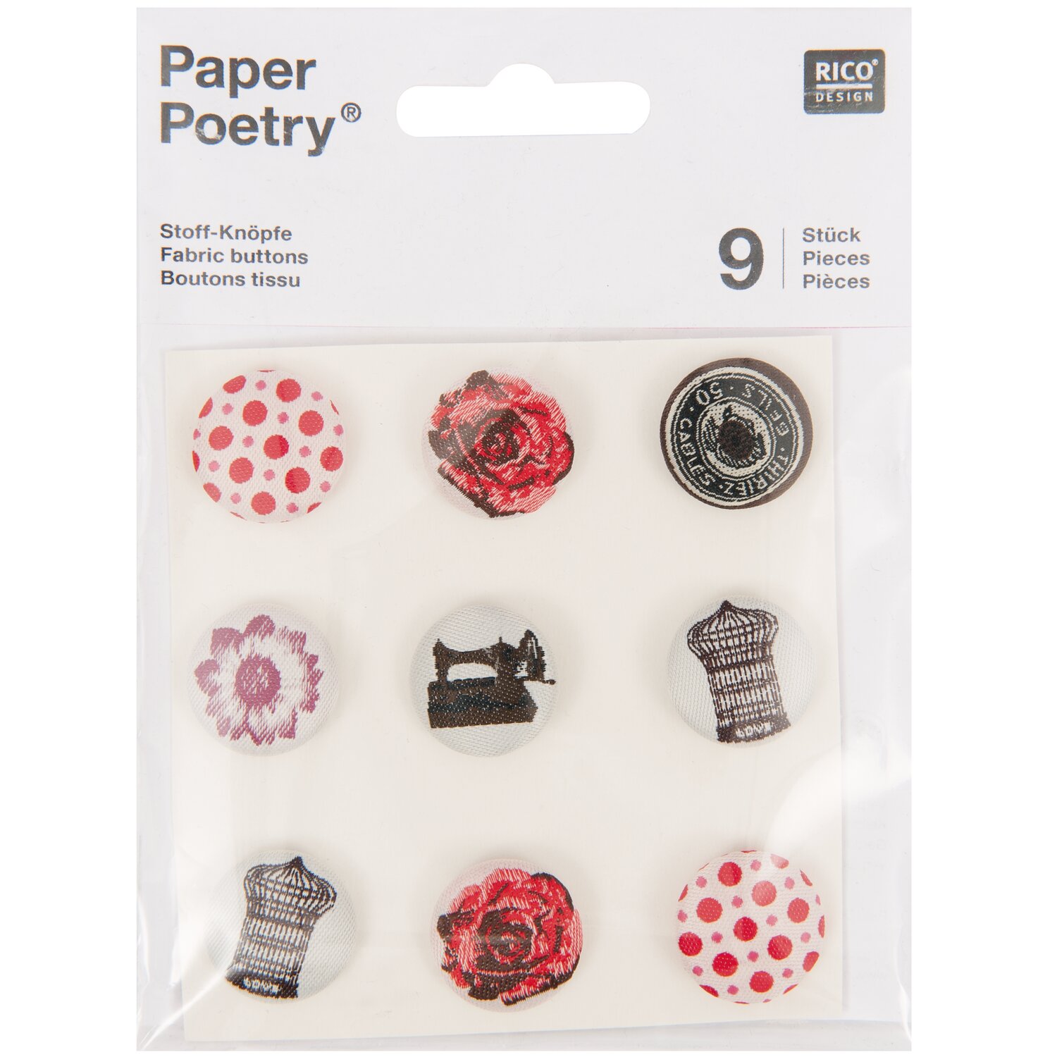 Paper Poetry Vintage Stoffknöpfe rot 9 Stück von Rico Design