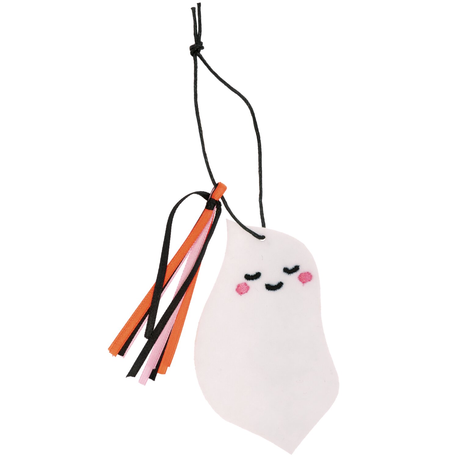 Filzhänger Gespenst freundlich weiß 10x5,6cm mit bunten Bändern, ideal für Halloween-Deko.
