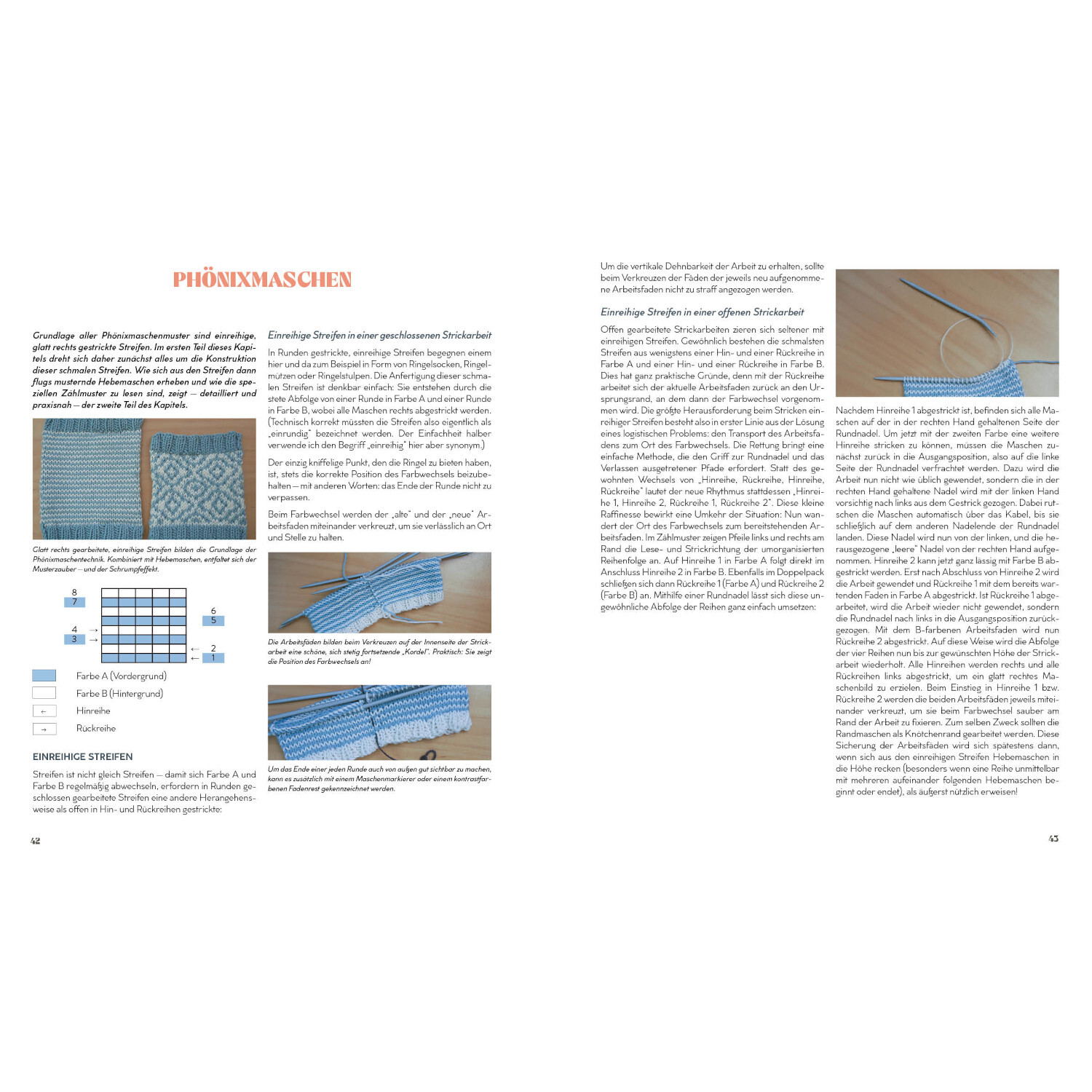 Strickmusterbibel - Hebemaschen: Doppelseite mit blauen Strickmustern und Anleitungen.