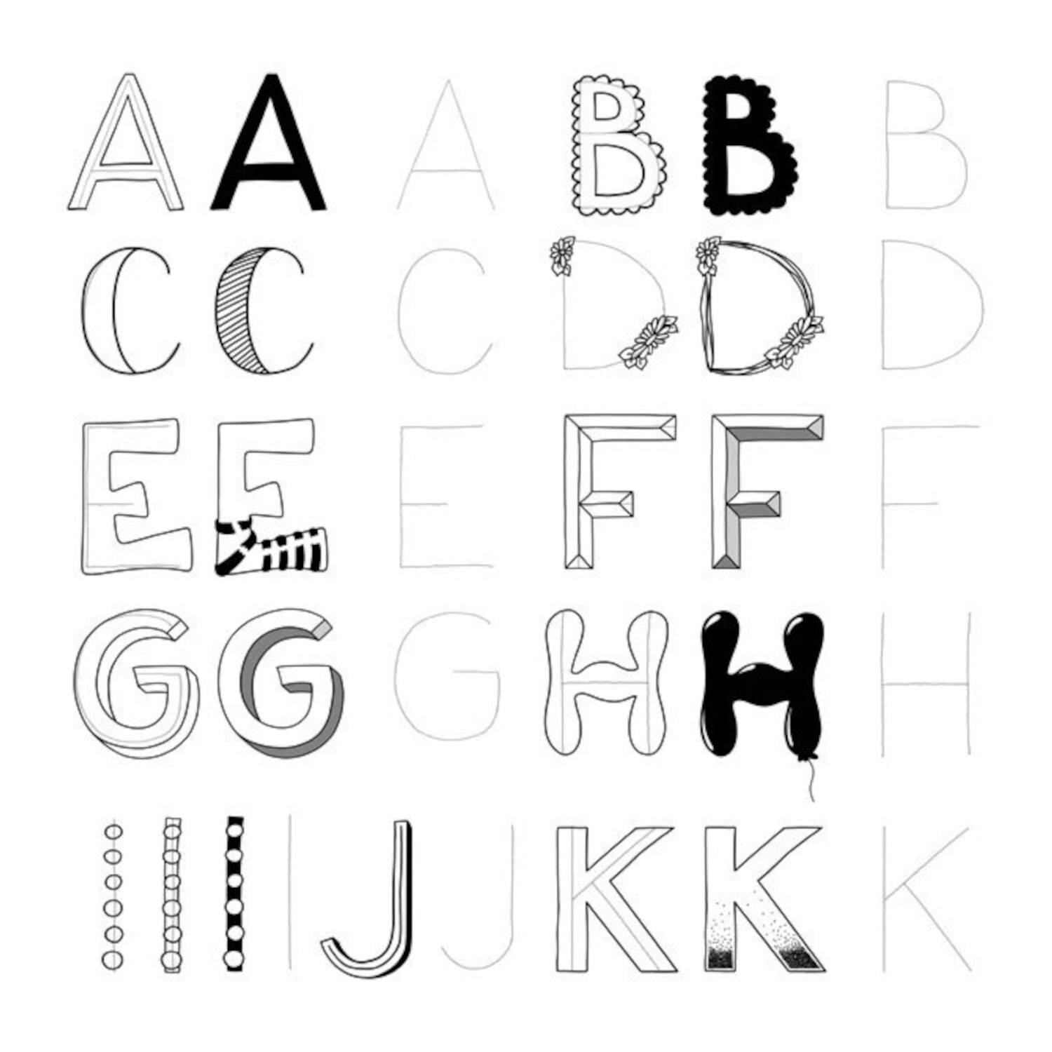 Handlettering. Der Quick-Start-Block: Verschiedene Buchstabenstile in Schwarz-Weiß auf weißem Hintergrund.