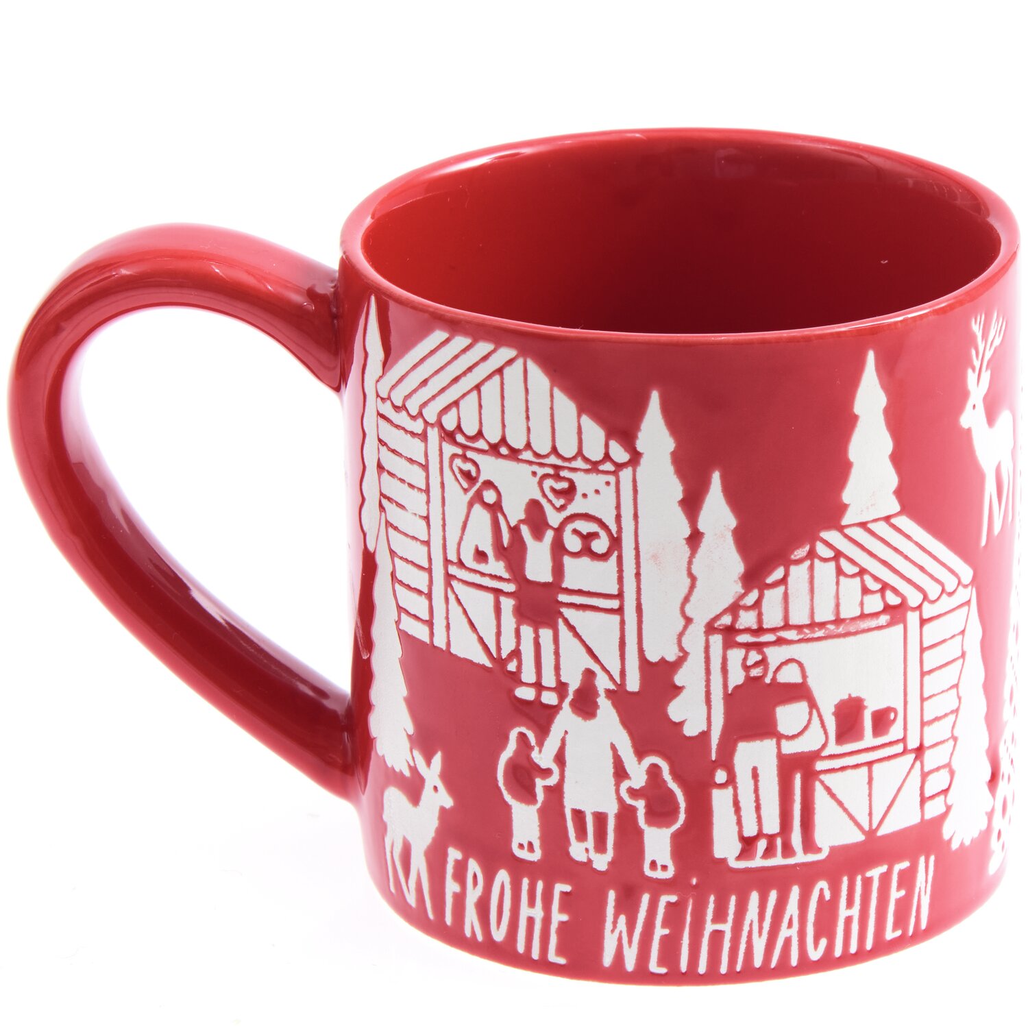 Porzellan Tasse Weihnachtsmarkt mit festlichem Motiv in Rot, ideal für winterliche Heißgetränke.