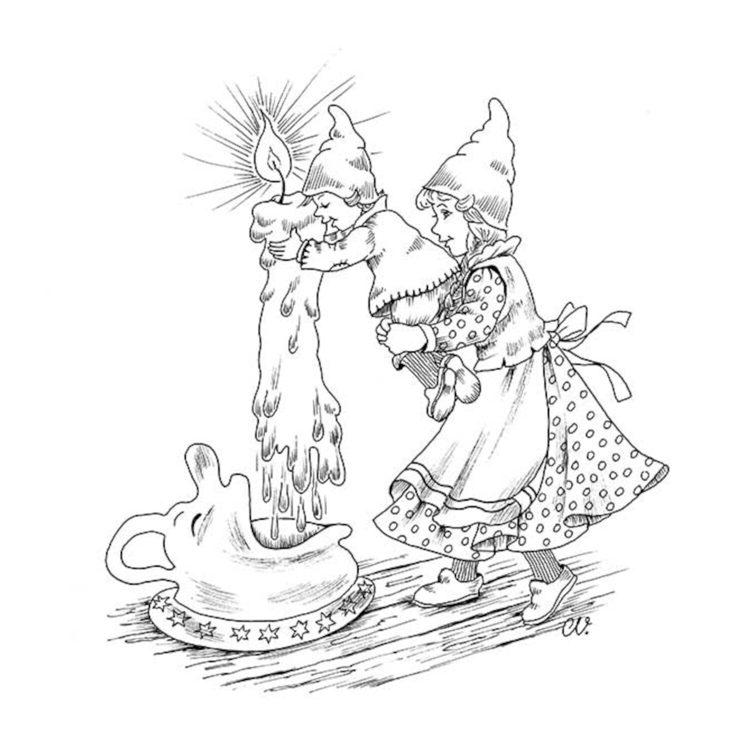 Christl Vogls Ausmalreise - Welt der Weihnachtswichtel: Zwei Wichtel entzünden eine Kerze.