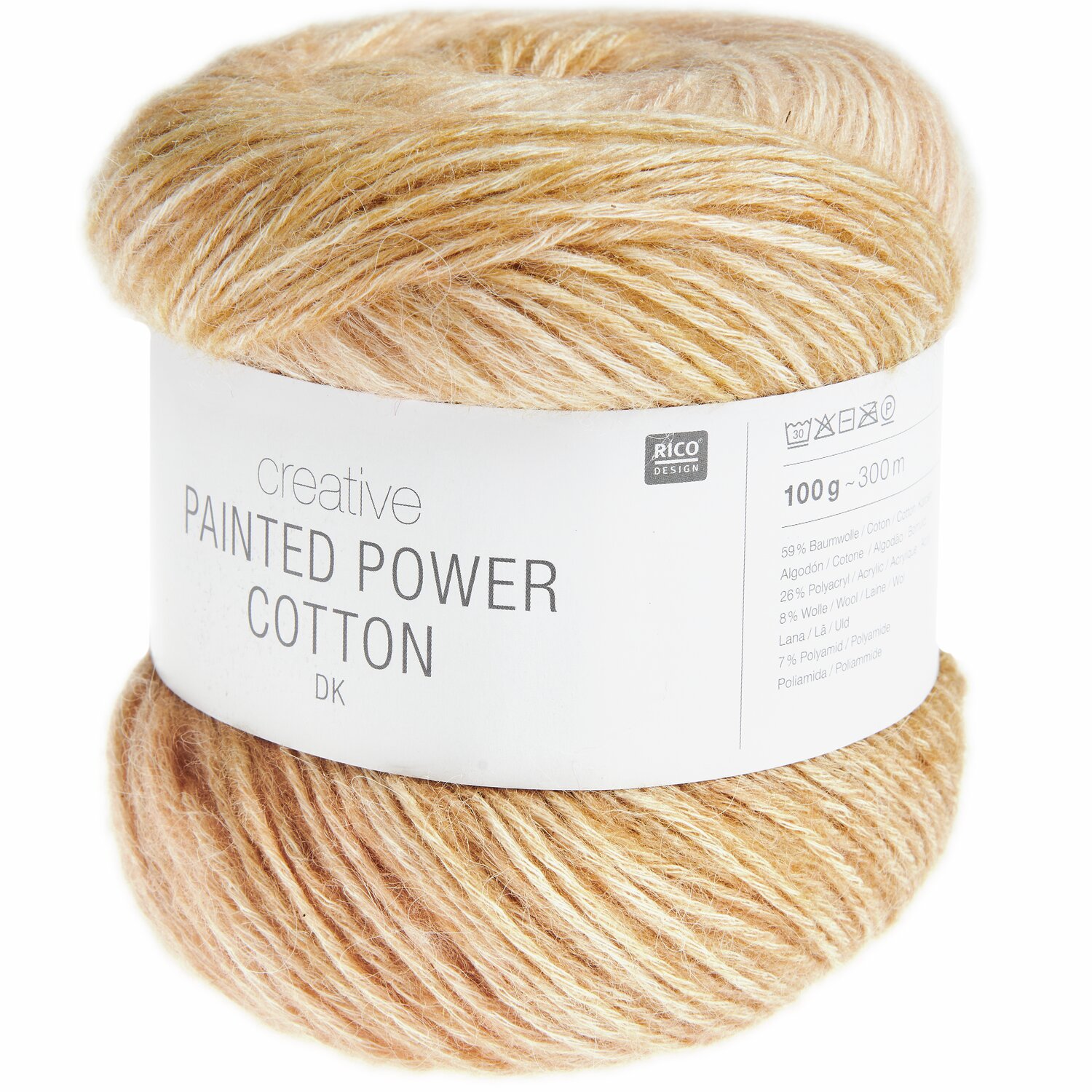 Creative Painted Power Cotton dk, beige-gelbes Garn von Rico Design, 100g, 300m, ideal für Strickprojekte.