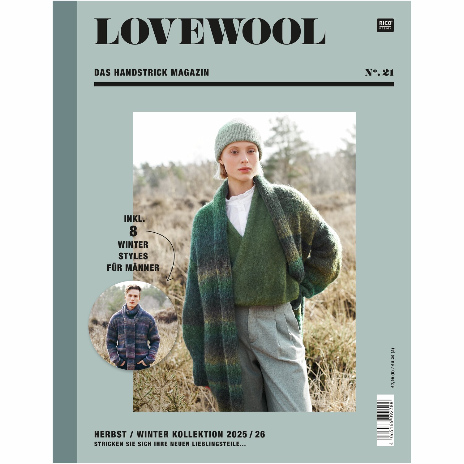 Lovewool No. 21 Herbst-Winter Sprachauswahl deutsch von Rico Design Titelbild des Magazins "Lovewool No. 21 Herbst-Winter" von Rico Design. Eine Frau trägt einen grünen Pullover und eine gestrickte Mütze. Enthält 8 Winterstyles für Männer.