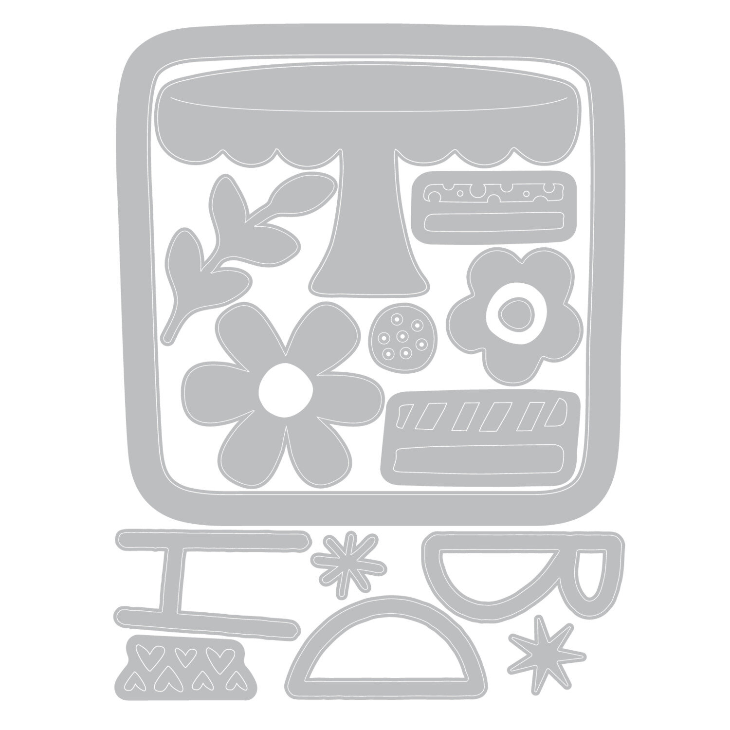 Sizzix Thinlits Die Set Let's Eat Cake 16Stück 2 Schablonen mit grauen Stanzformen für Kuchenplatte, Blumen, Blätter, Sterne und dekorative Bordüren