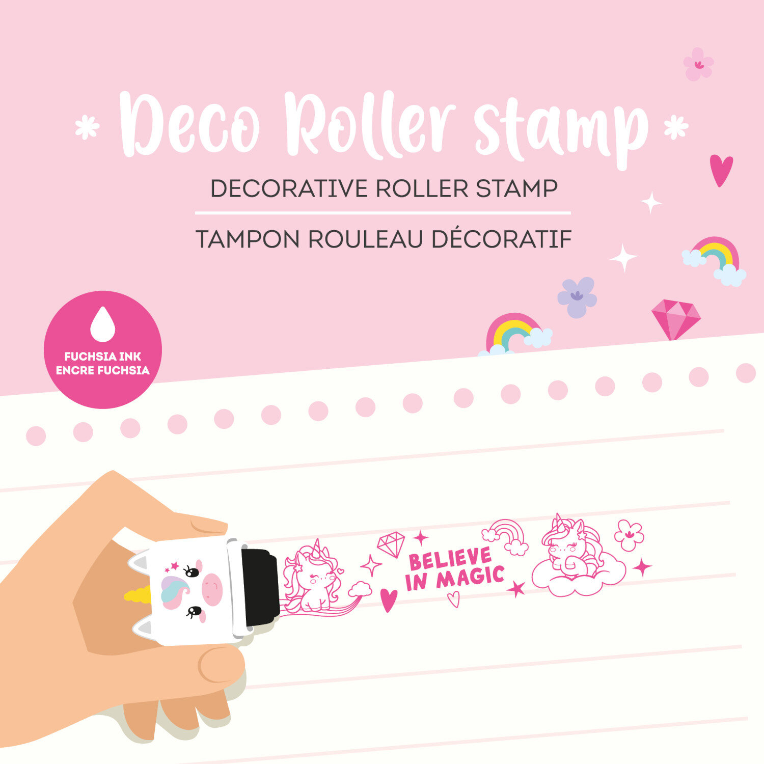Deco Roller Stempel mit Legami Motiv, Einhorn-Deko-Roller in Fuchsia, Hand stempelt verspielte Illustrationen und Schriftzug auf liniertes Papier