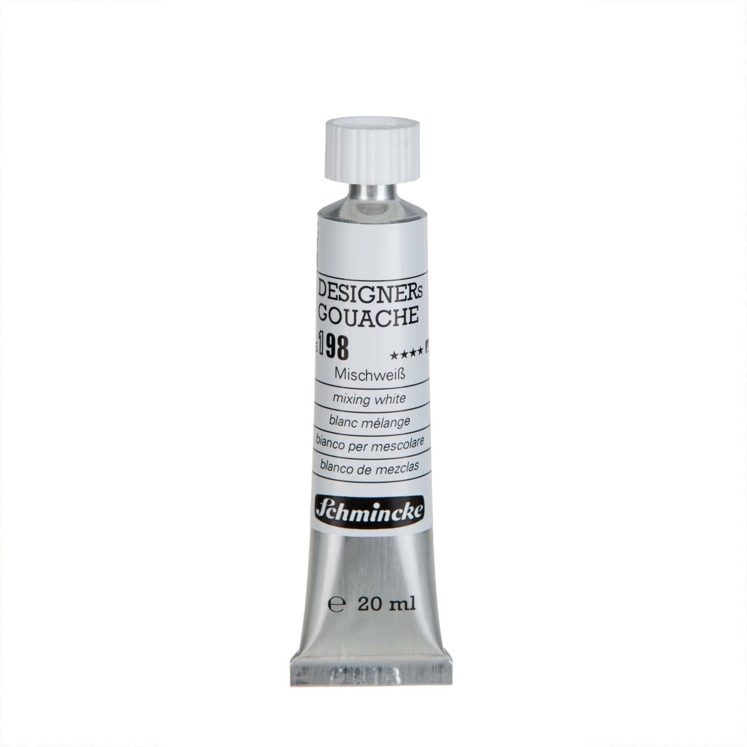 Designers Gouache 20ml in einer silbernen Tube von Schmincke, Farbe Mischweiß, auf weißem Hintergrund.