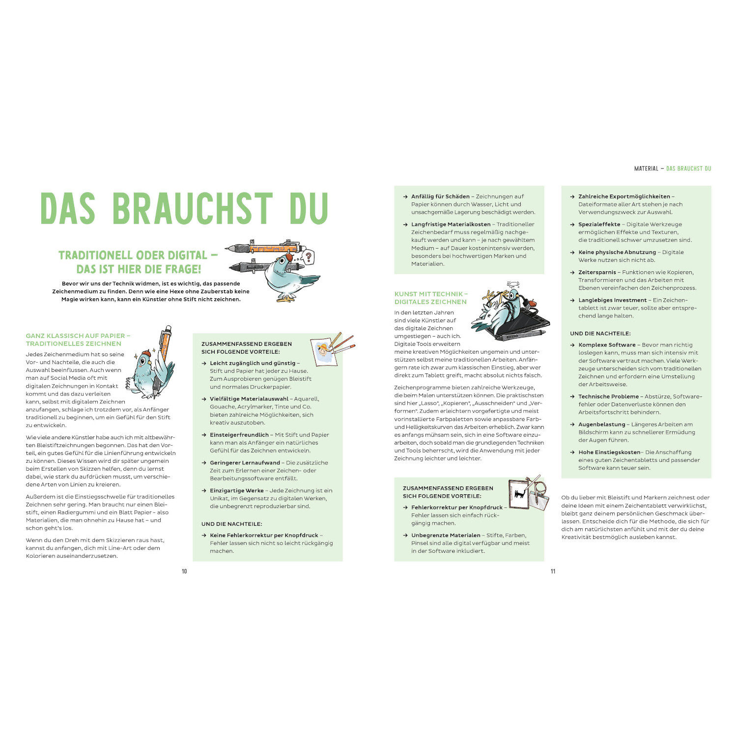 Manga-Academy – Die perfekte Figur zeichnen: Doppelseite mit Illustrationen und Texten auf grünem Hintergrund.