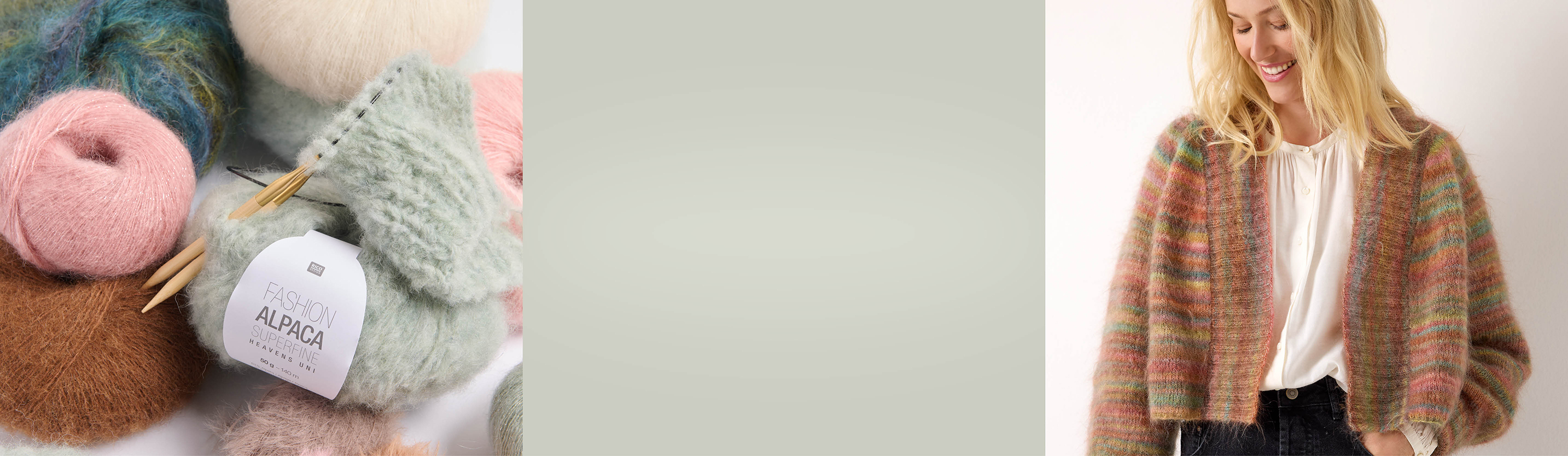 3 Bilder: Wollknäuel, grüne Fläche, Frau mit brauner Strickjacke