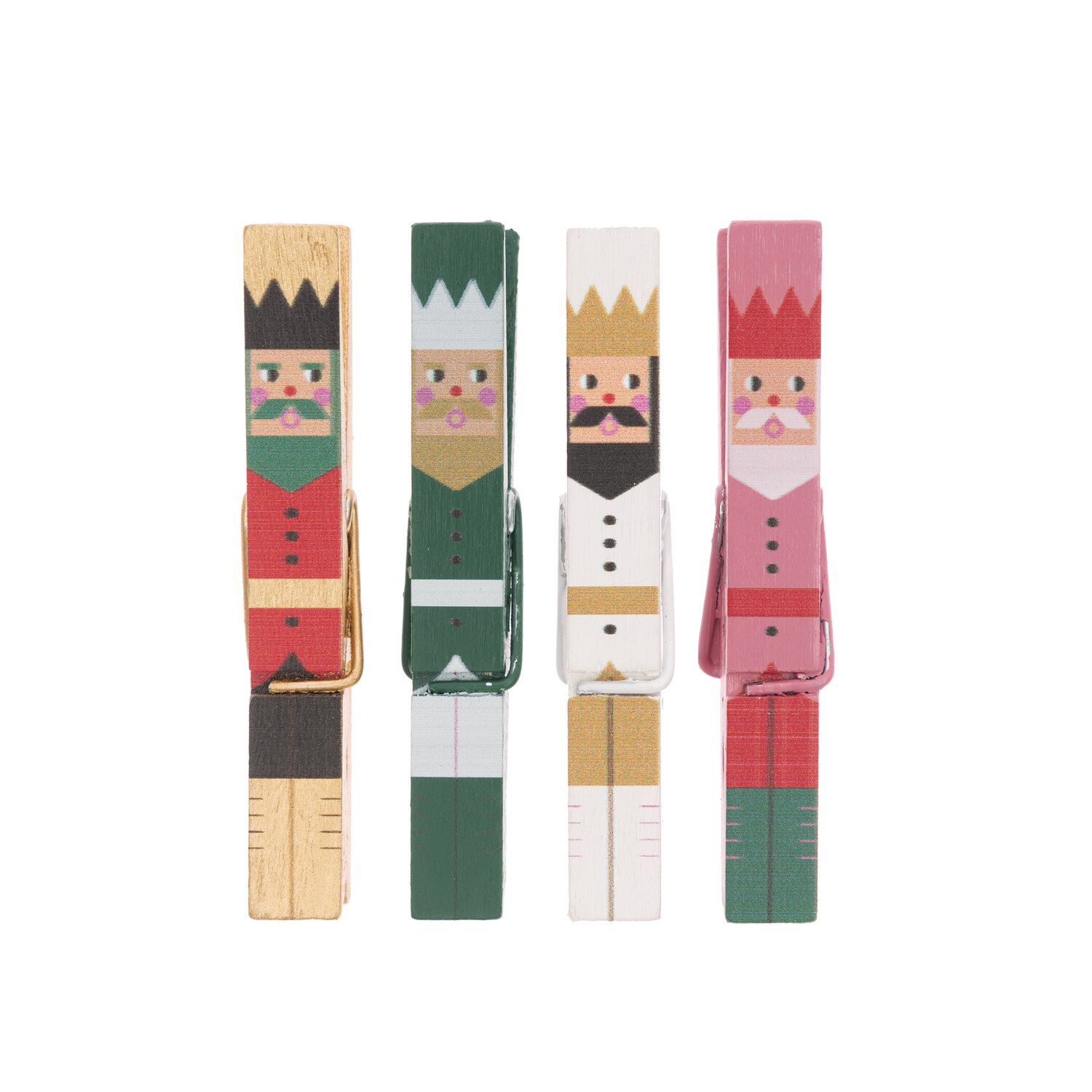 Dekoklammern Nussknacker Mix 7cm 4 Stück: Vier bunte Klammern mit Nussknacker-Motiven in verschiedenen Farben.