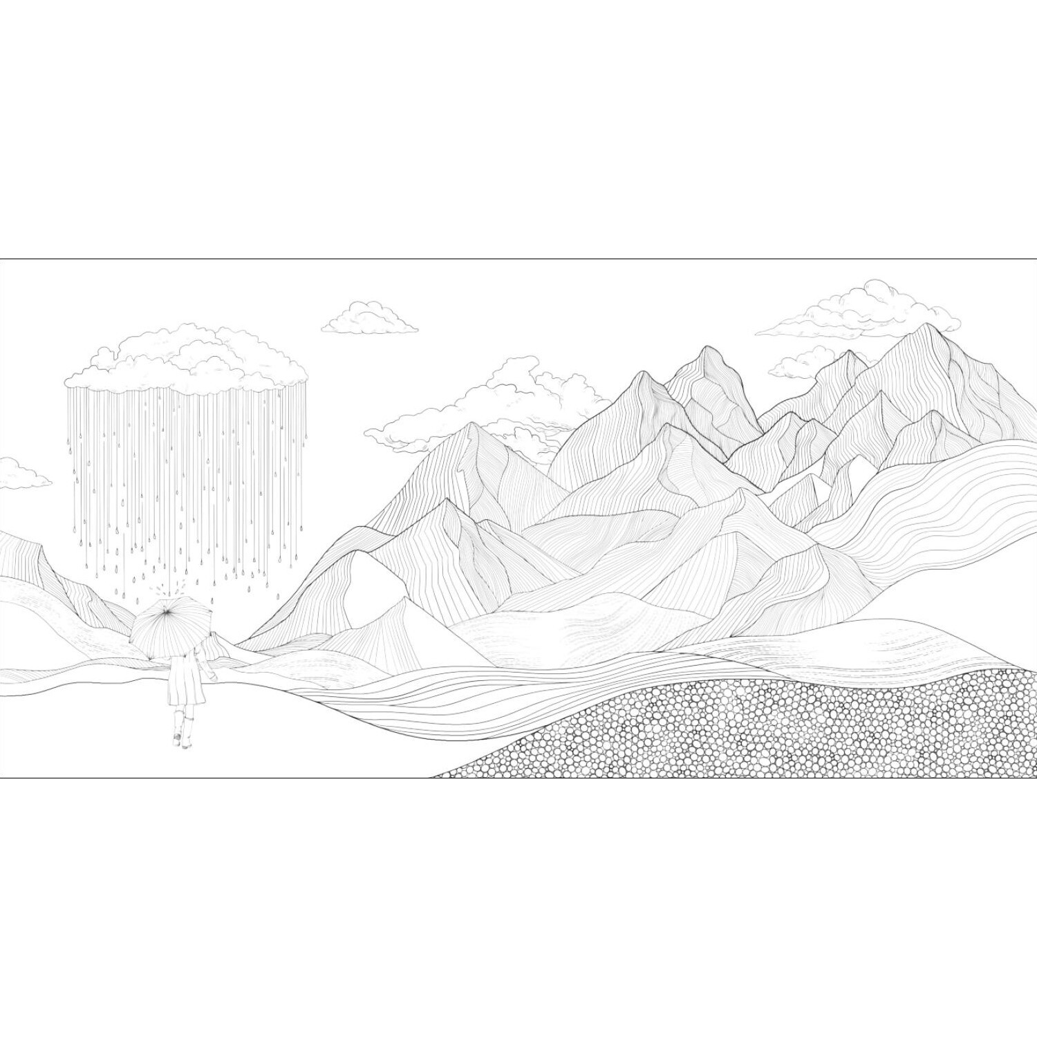 Mindful Moments - Ein atmosphärisches Ausmalbuch für Erwachsene zeigt Berge und Wolken.