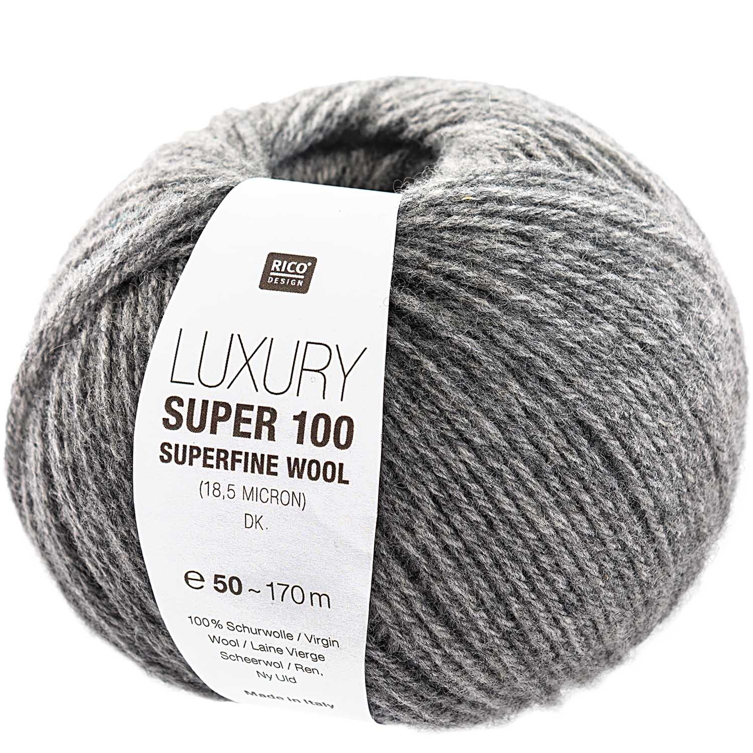 Luxury Super 100 Superfine Wool dk 50g 165m Farbe Grau von Rico Design Luxury Super 100 Superfine Wool dk in Grau von Rico Design, 50g Knäuel, ideal für feine Strickprojekte.