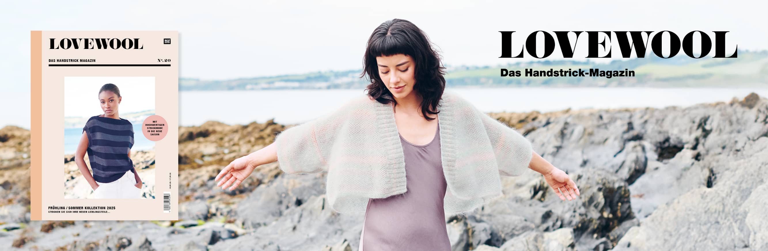 Frau trägt gestrickte Jacke Modell 22 aus Lovewool No. 20 in Outdoor-Umgebung. Daneben ein Cover des Handstrick Magazins Lovewool No. 20 und Logo