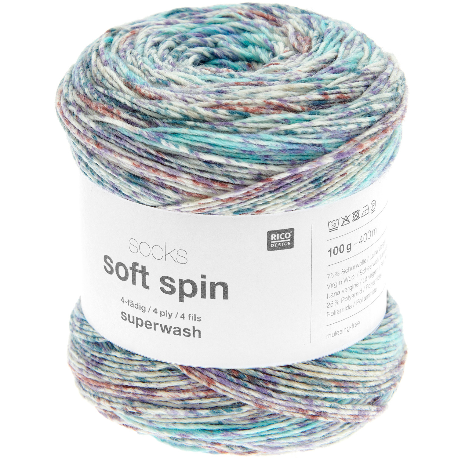 Socks Soft Spin 4-fädig Garn von Rico Design in kühlen Farben, 100g Knäuel, ideal zum Stricken.