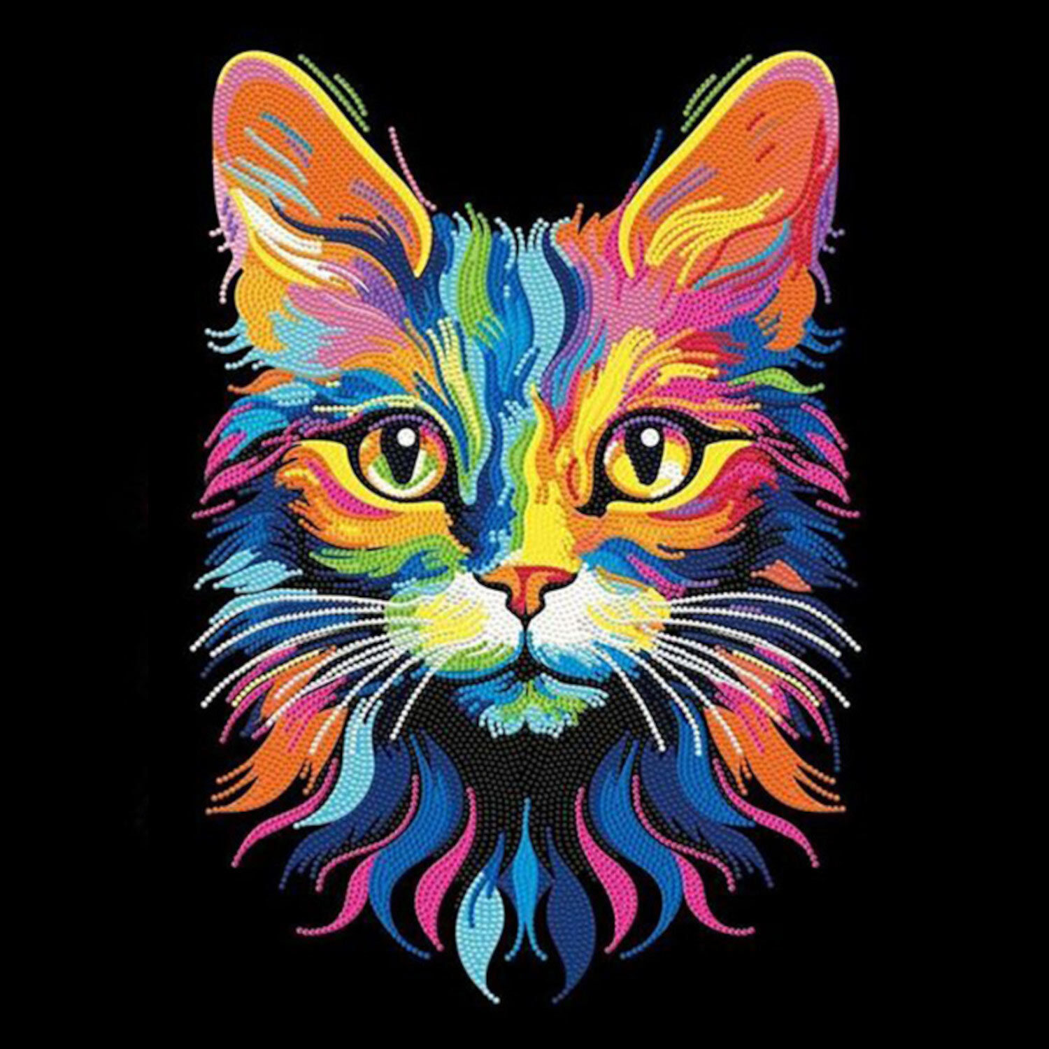 Diamond Painting Neon Katze: Buntes Katzenporträt auf schwarzem Hintergrund, leuchtende Farben.