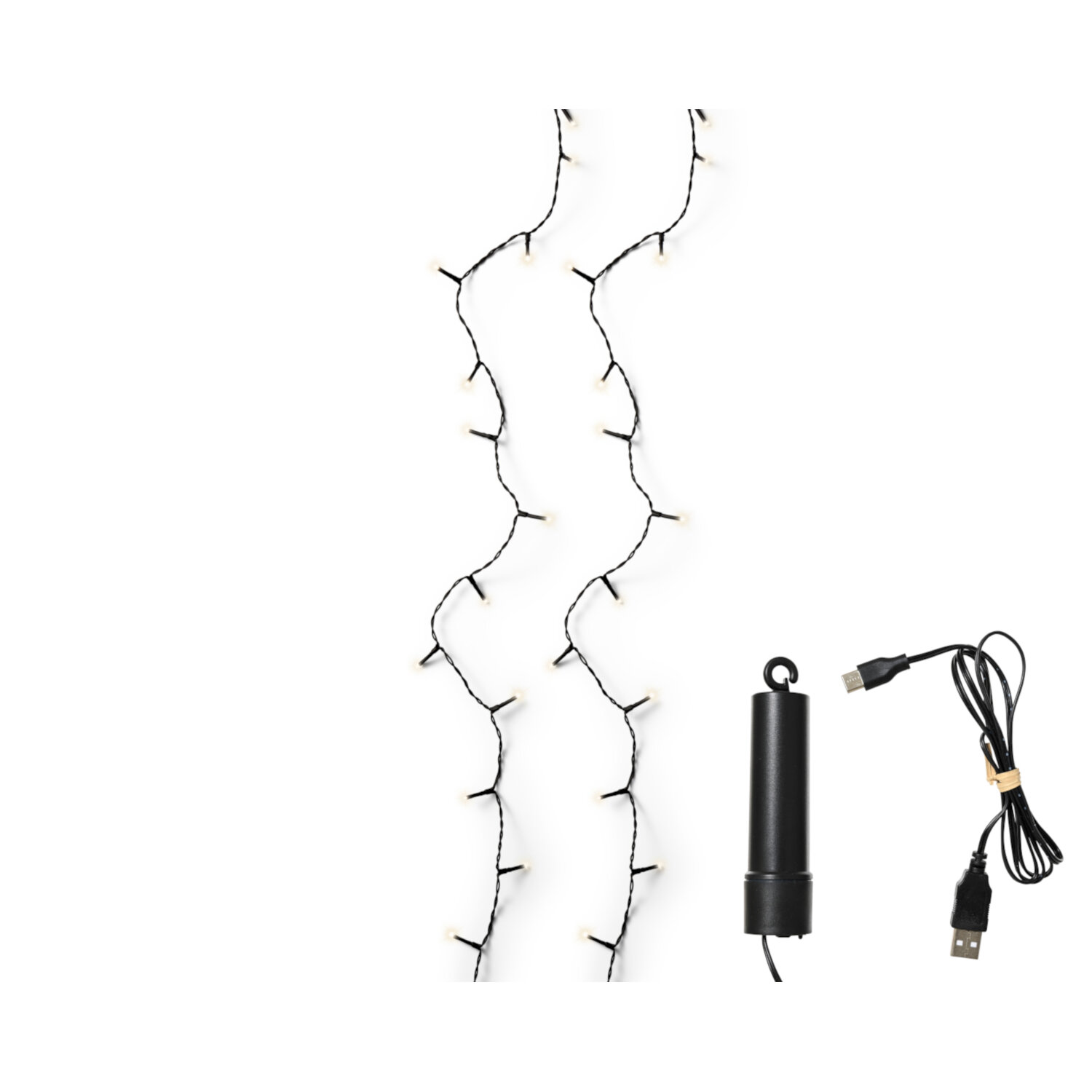 LED Duracharge basic lights outdoor, 367,5cm, Lichterkette mit warmweißen LEDs, schwarzem Batteriemodul und USB-Ladekabel für stimmungsvolle Außenbeleuchtung