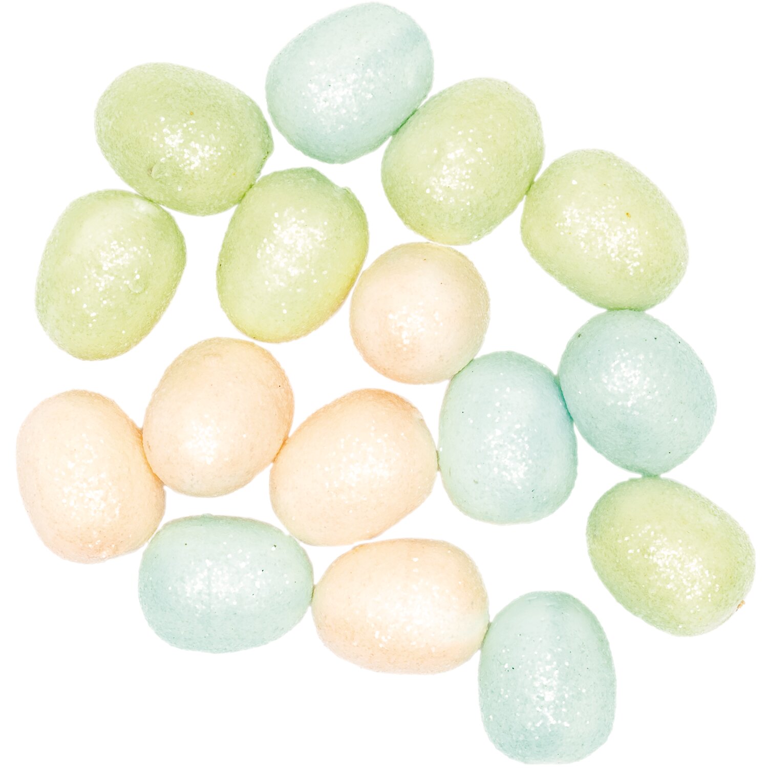 Glitter-Eier pastell 3cm 16 Stück: Mehrfarbige, schimmernde Deko-Eier in sanften Pastelltönen. Ideal für kreative Bastelprojekte und festliche Dekorationen.