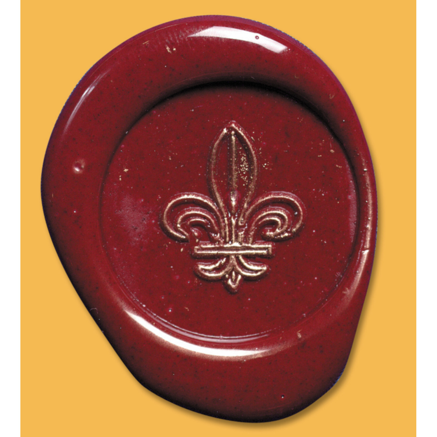 Siegelplatte Lilie: Rotes Wachssiegel mit Lilienmotiv auf orangefarbenem Hintergrund. Ideal für elegante Briefe.