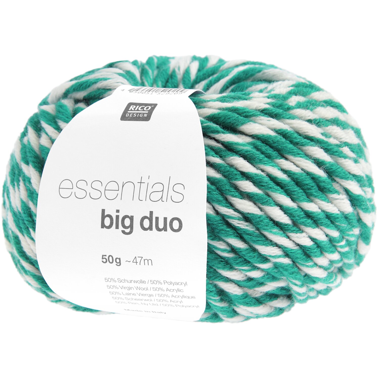 Essentials Big Duo: Weiches Garn in Hellpetrol und Weiß, 50g, 47m, ideal für Strickprojekte.