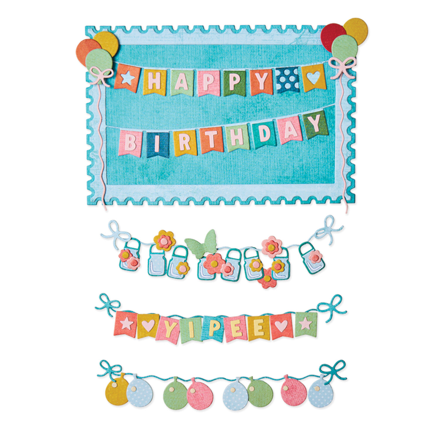 Sizzix Thinlits Die Set Snap & Swap All about Banners 20 Stk, Stanzschablonen für bunte Papiergirlanden mit Schriftzügen, Luftballons und Blumenmotiven