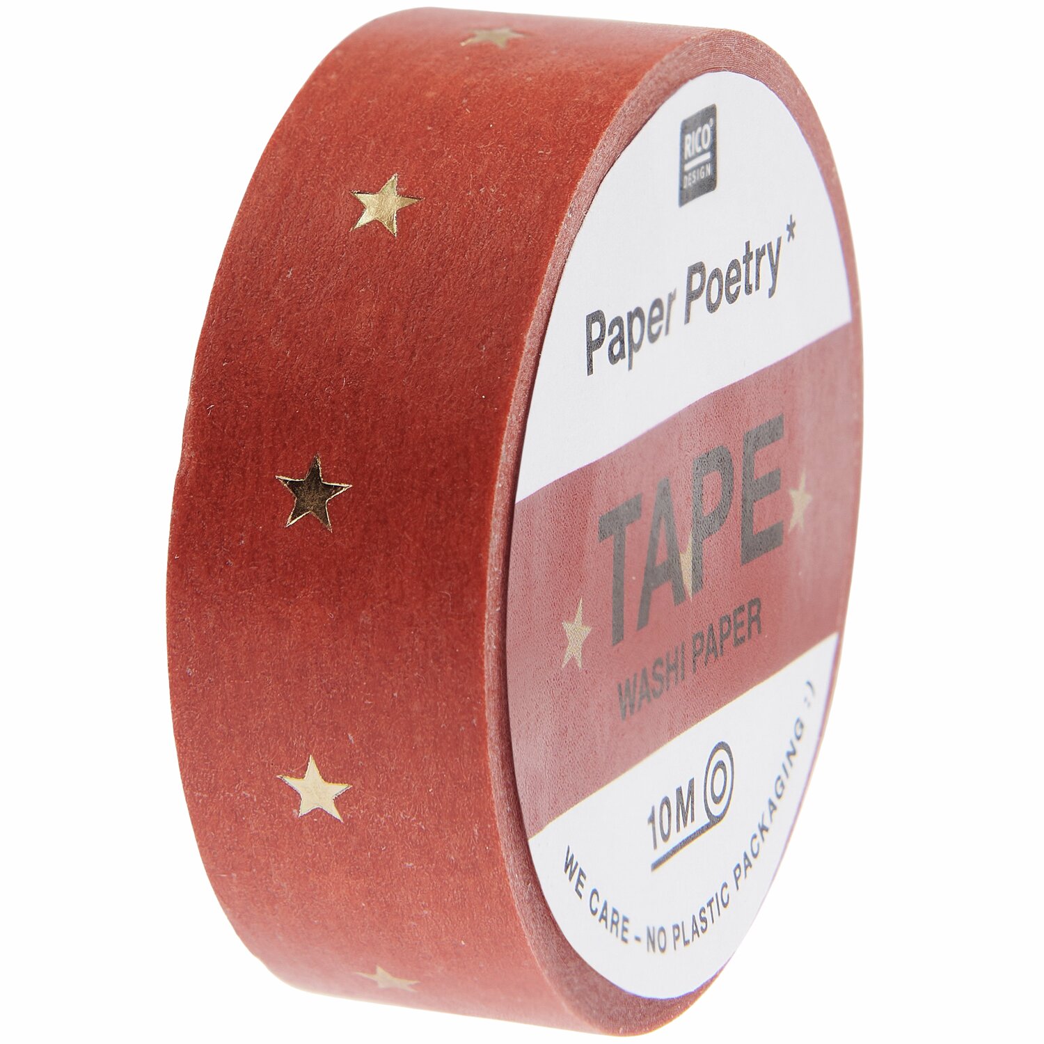 Paper Poetry Tape Sterne Weihnachtsmarkt in Rostrot/Gold mit Sternenmuster, 1,5 cm breit, 10 m lang, von Rico Design. Ideal für festliche Dekorationen.
