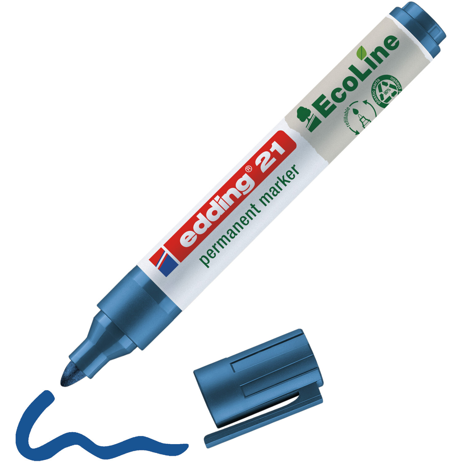 21 EcoLine Permanentmarker 1,5-3mm in Blau von edding, mit abnehmbarer Kappe und geschwungener Linie. Ideal für umweltfreundliches Markieren.