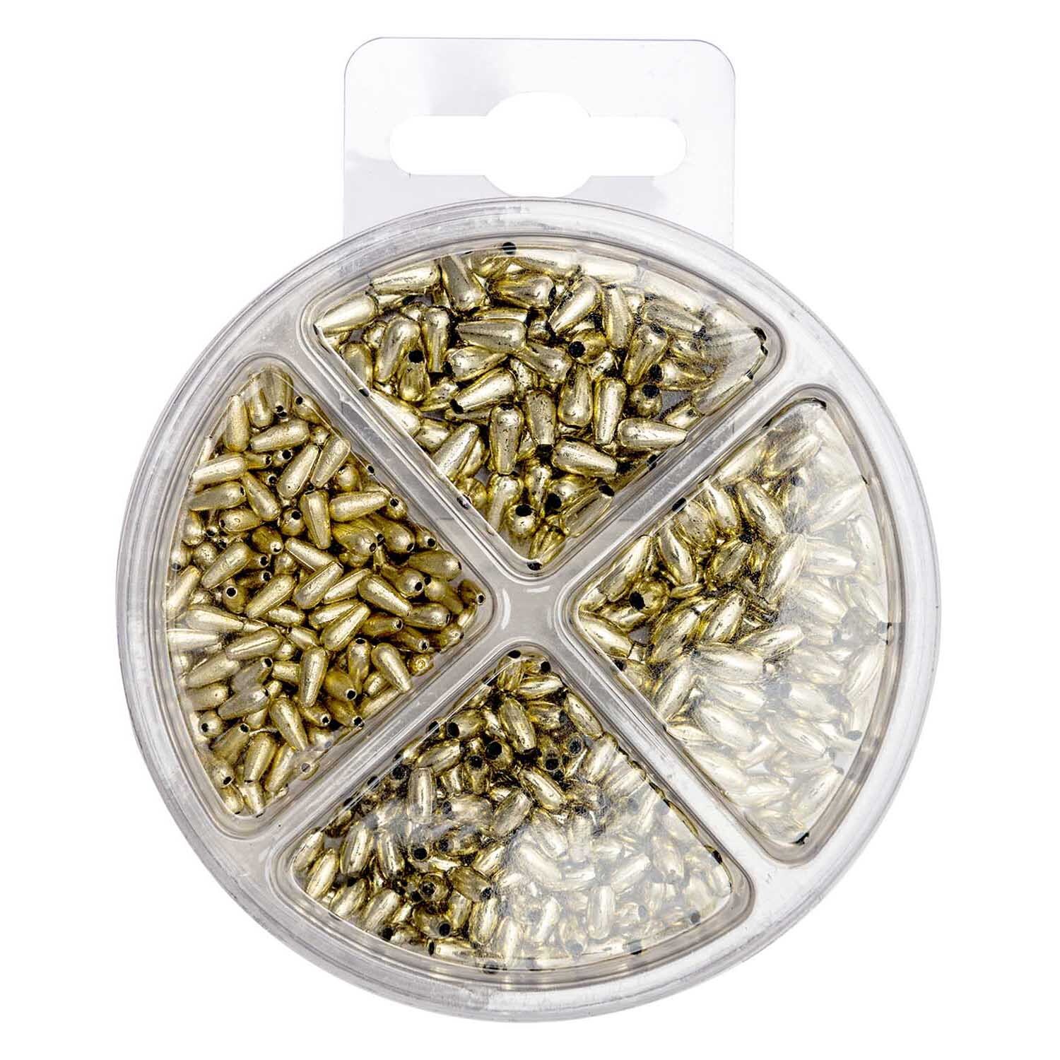 Kunststoff-Perlen Set Olive 15g von Rico Design in Gold. Runde Box mit vier Fächern voller goldener Perlen. Ideal für Schmuckherstellung.