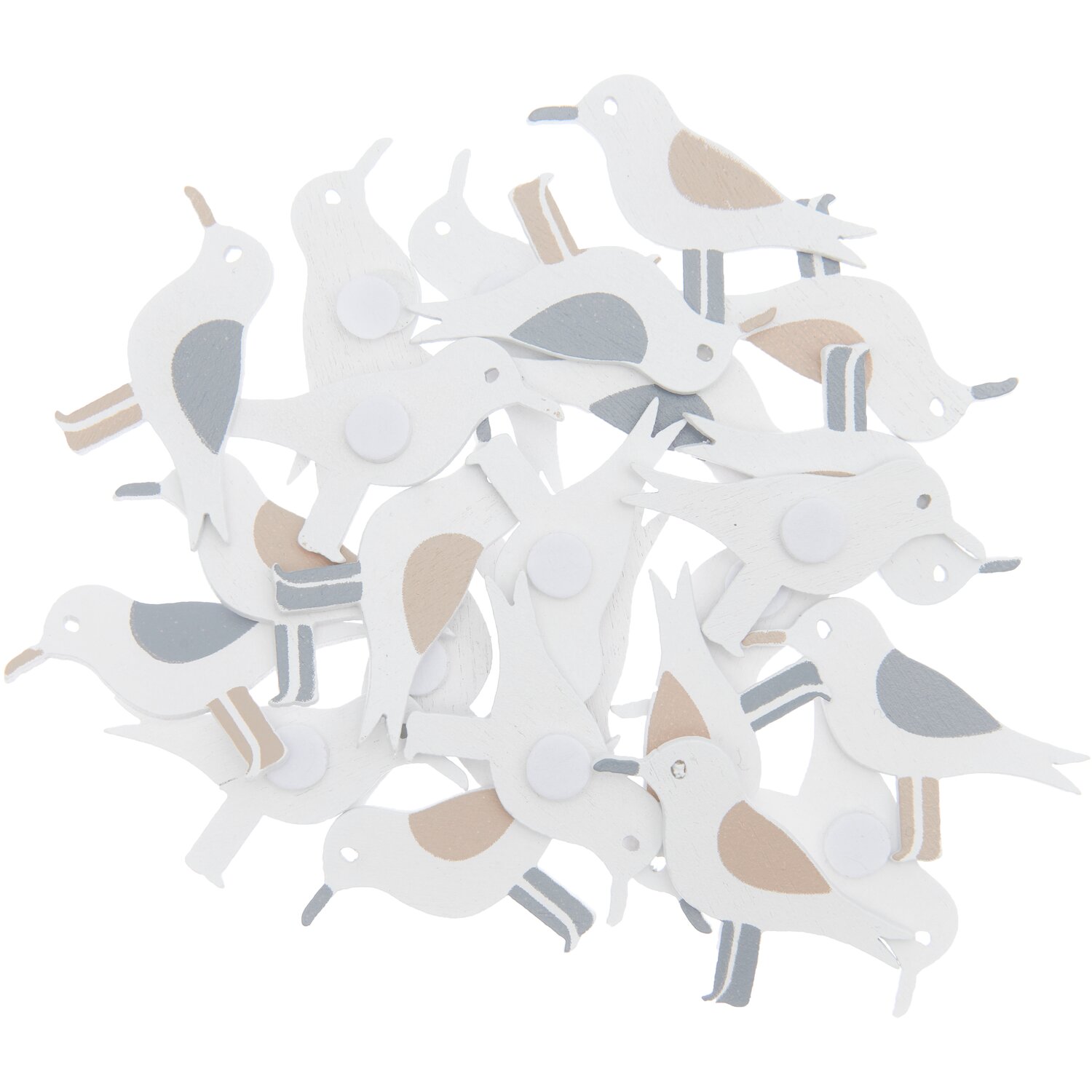 Holzsticker Möwe natur 35x26mm 24 Stück zeigen Möwen in Weiß und Grau, ideal für kreative Bastelprojekte.