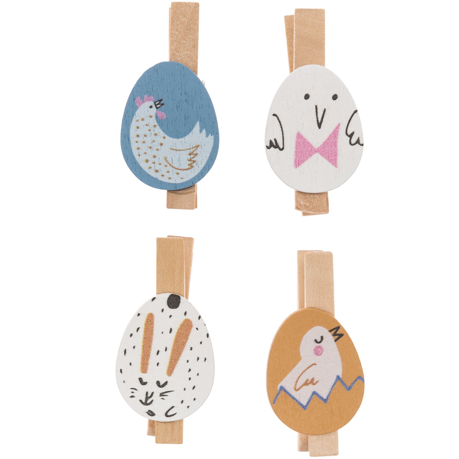 Dekoklammern Osterei 4 Stück, Mehrfarbig: Vier dekorative Klammern mit Osterei-Motiven von Rico Design. Ideal für kreative Dekorationen.