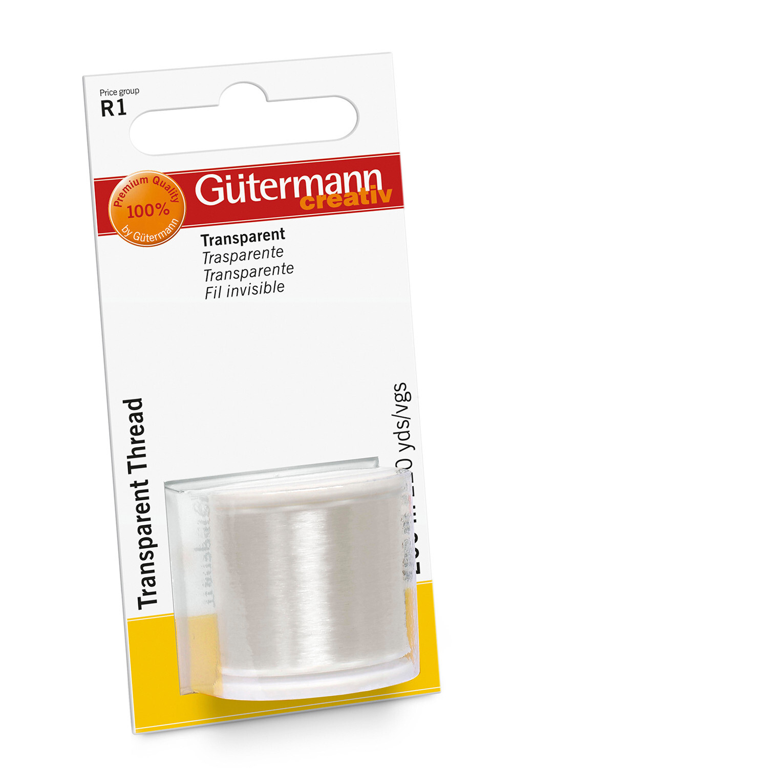 Nähfaden transparent 200m von Gütermann, ideal für unsichtbare Nähte, auf weißer Spule.
