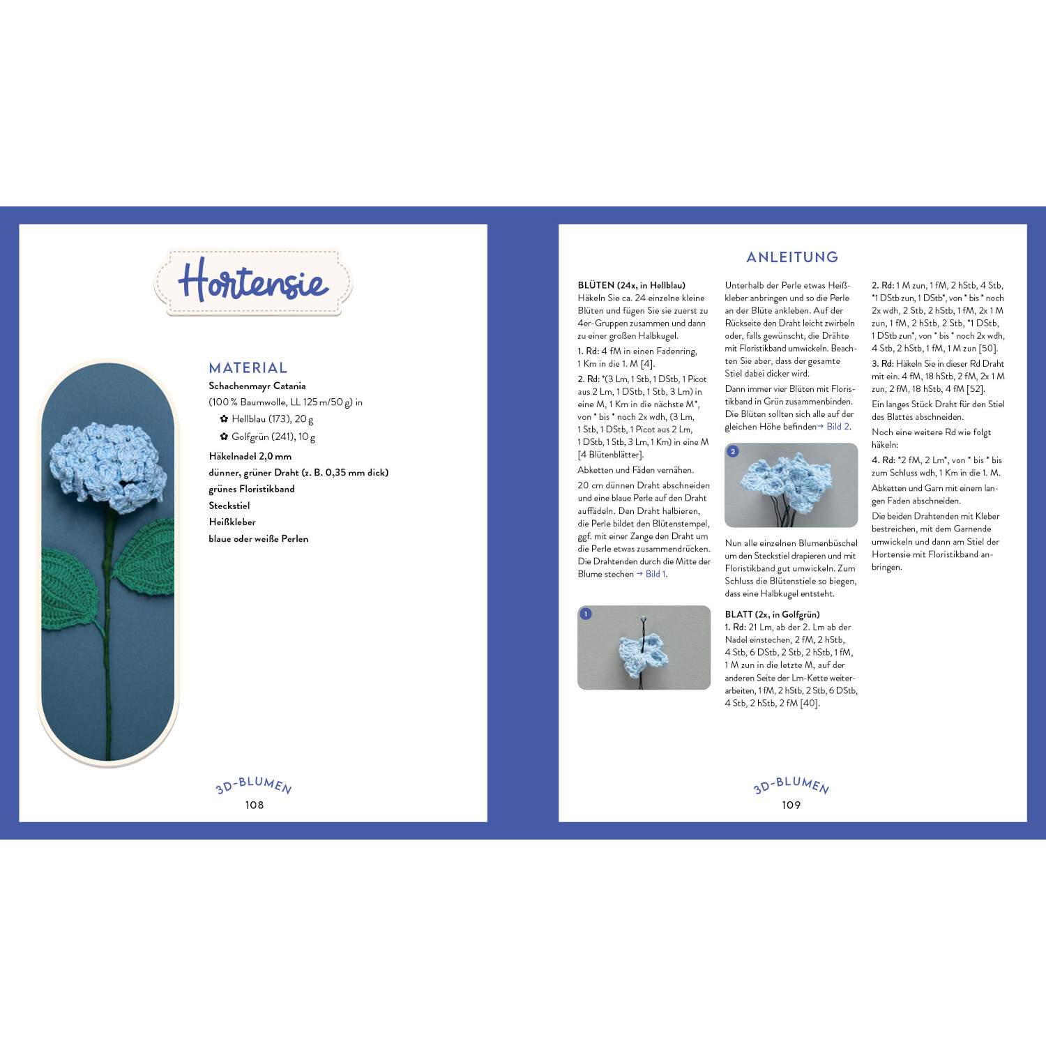 Mein bunter Häkelgarten zeigt eine blaue Häkelhortensie mit Anleitung und Materialliste.