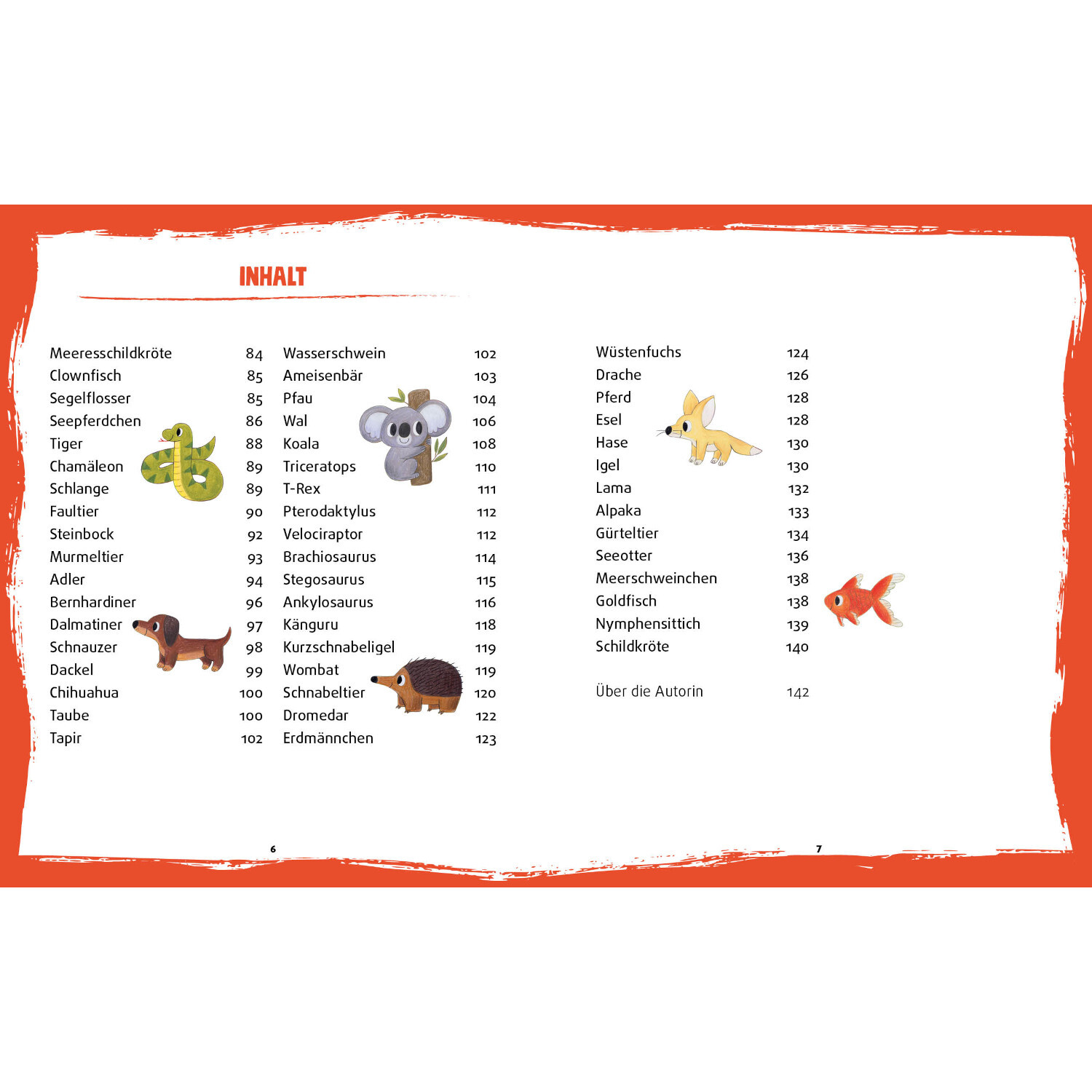 Tiere zeichnen für Kids: Inhaltsverzeichnis mit bunten Tierillustrationen auf weißem Hintergrund.